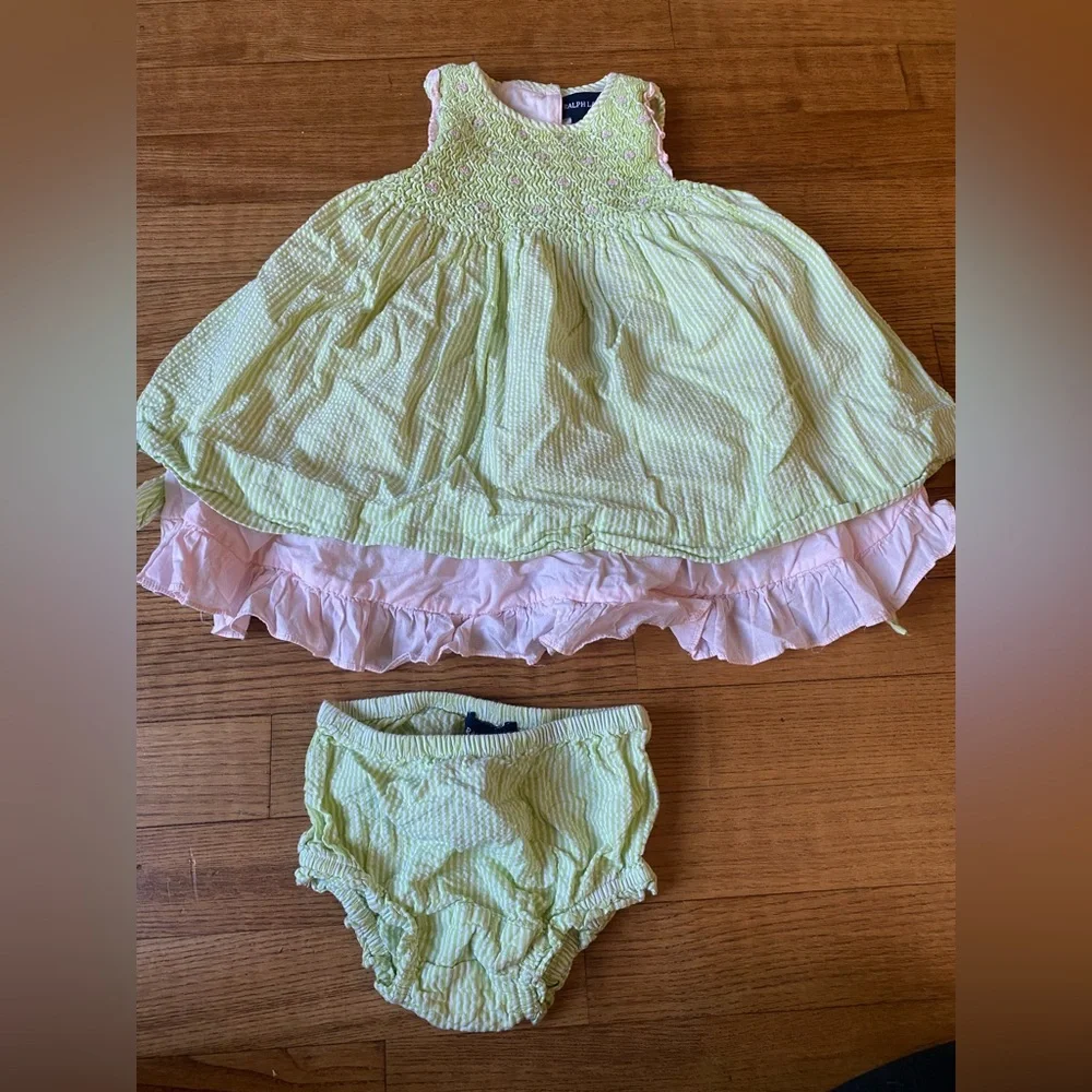 VTG Ralph Lauren Gingam Baby Girls 9 months Dress Set Seersucker Green & Pink